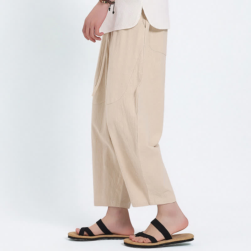 Buddha Stones 夏物カジュアル ドローストリング付き無地コットンリネンカプリパンツ メンズ ハーレムパンツ ポケット付き - image 21