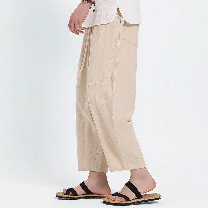 Buddha Stones 夏物カジュアル ドローストリング付き無地コットンリネンカプリパンツ メンズ ハーレムパンツ ポケット付き - image 21