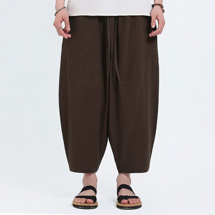 Buddha Stones 夏物カジュアル ドローストリング付き無地コットンリネンカプリパンツ メンズ ハーレムパンツ ポケット付き - image 11