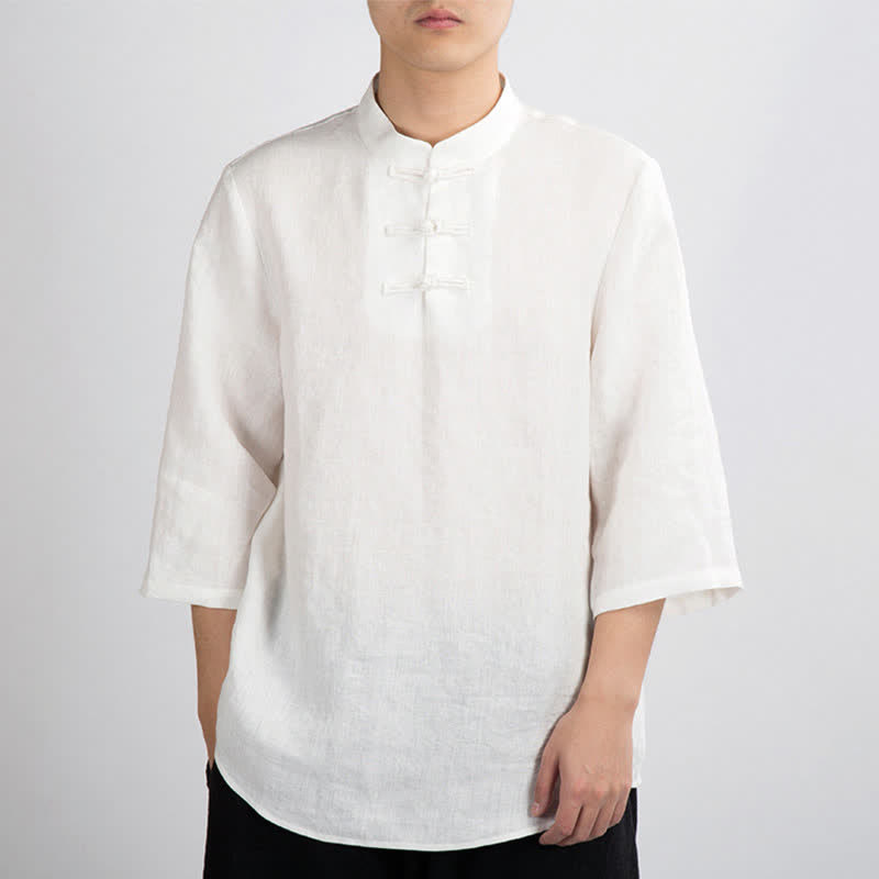 Buddha Stones 夏物 唐風 マンダリンカラー フロッグボタン 無地 メンズ 七分袖シャツ - 白 - US/UK/AU46、 EU56 (4XL) - image 6