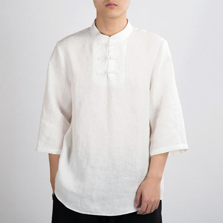 Buddha Stones 夏物 唐風 マンダリンカラー フロッグボタン 無地 メンズ 七分袖シャツ - 白 - US/UK/AU46、 EU56 (4XL) - image 6