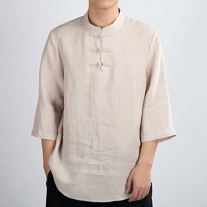 Buddha Stones 夏物 唐風 マンダリンカラー フロッグボタン 無地 メンズ 七分袖シャツ - リネン - US/UK/AU46、 EU56 (4XL) - image 0