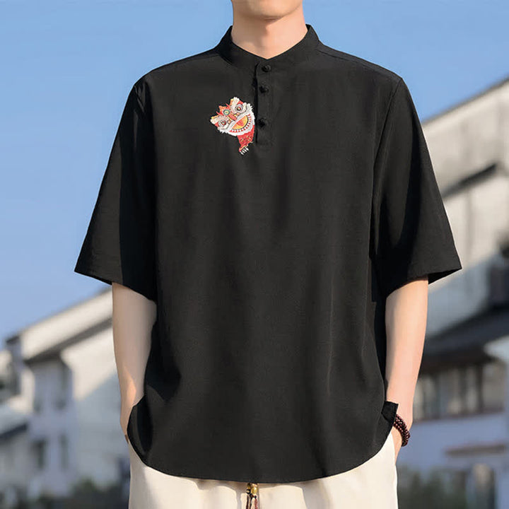 Buddha Stones 夏物 唐風 マンダリンカラー 刺繍入り 無地 メンズ 半袖シャツ - 黒 - US/UK/AU46, EU56 （5XL） - image 0