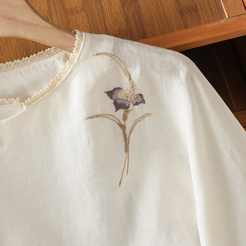 Buddha Stones サマータンスタイル ヴィンテージ刺繍 カエルボタン 花柄 レディース 半袖シャツ - image 10