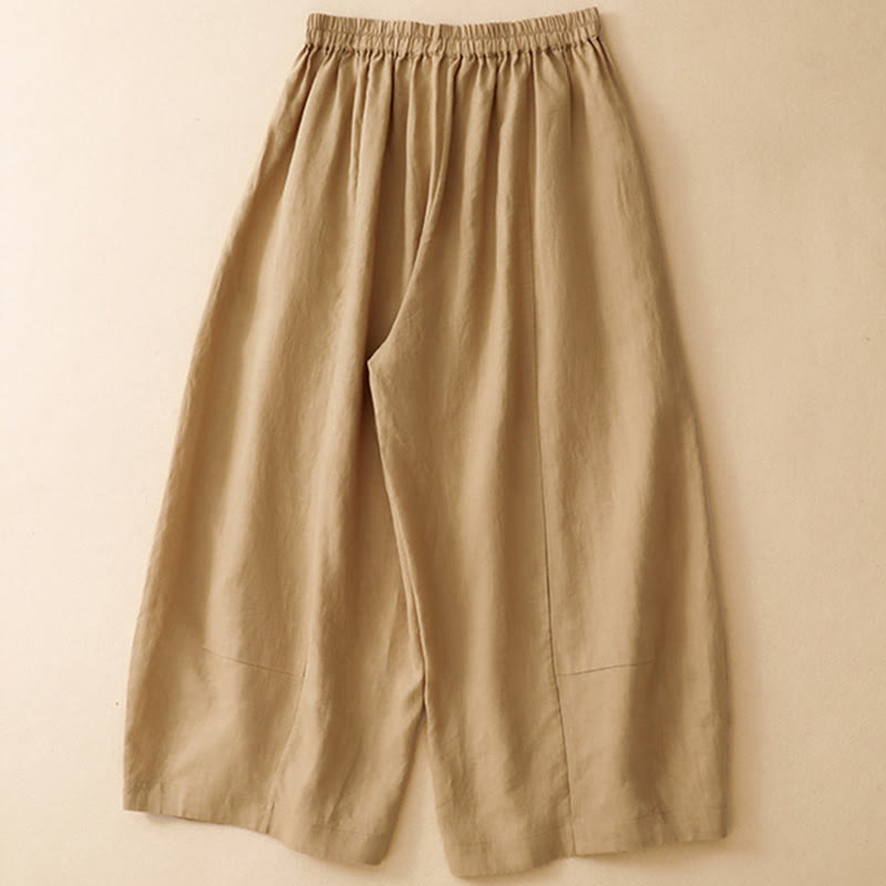 Buddha Stones 夏物カジュアル無地ゴムウエストクロップドパンツレディースワイドレッグパンツポケット付き - image 1