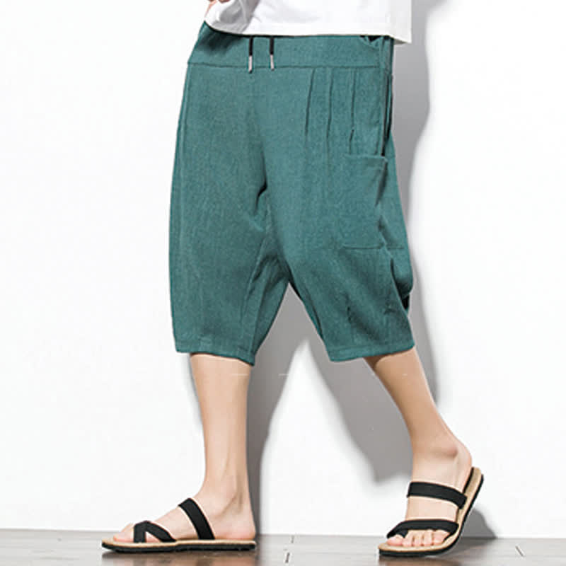 Buddha Stones 夏物カジュアルミニマリストドローストリング無地メンズクロップドパンツ（ポケット付き） - image 6