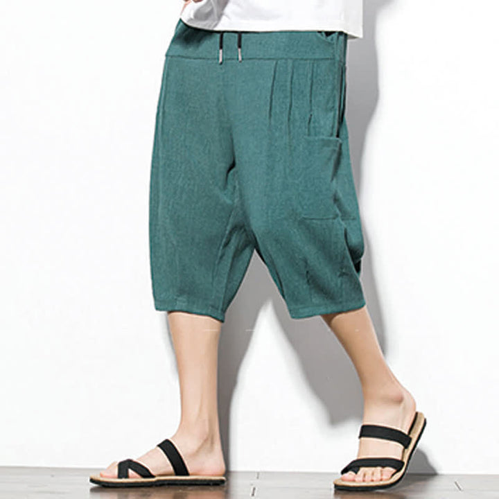 Buddha Stones 夏物カジュアルミニマリストドローストリング無地メンズクロップドパンツ（ポケット付き） - image 6