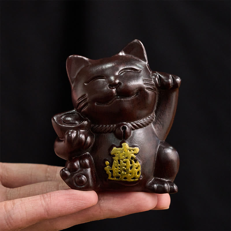 Buddha Stones 富を引き寄せる招き猫の黒檀彫刻の良縁祈願装飾 - image 7