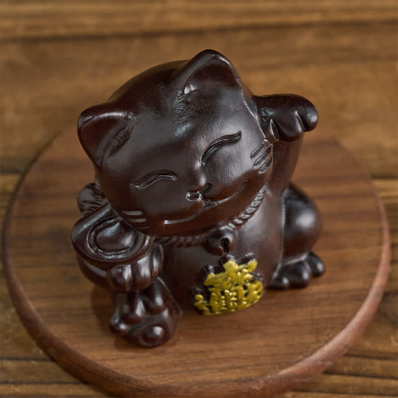 Buddha Stones 富を引き寄せる招き猫の黒檀彫刻の良縁祈願装飾 - image 2