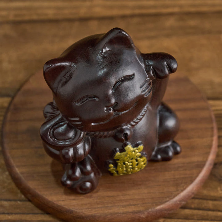 Buddha Stones 富を引き寄せる招き猫の黒檀彫刻の良縁祈願装飾 - image 2