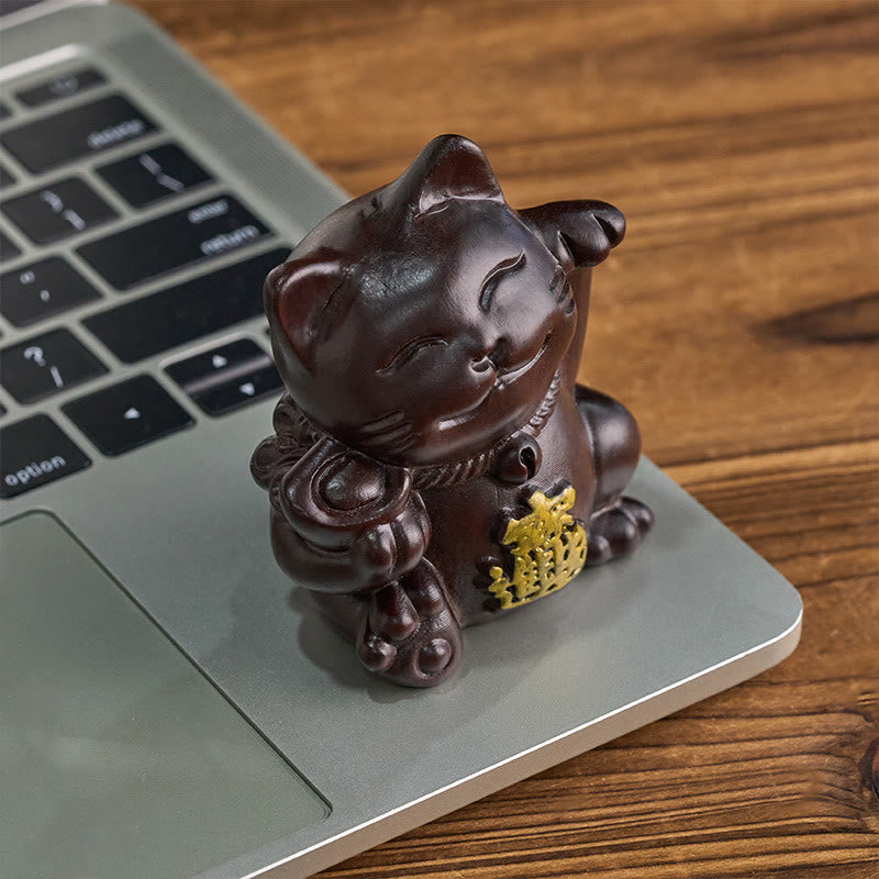 Buddha Stones 富を引き寄せる招き猫の黒檀彫刻の良縁祈願装飾 - image 1