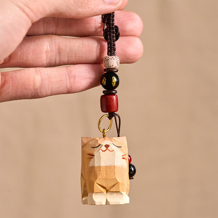 Buddha Stones 手彫りの木製猫オーム・マニ・パドメ・フム平和キーホルダー - image 4