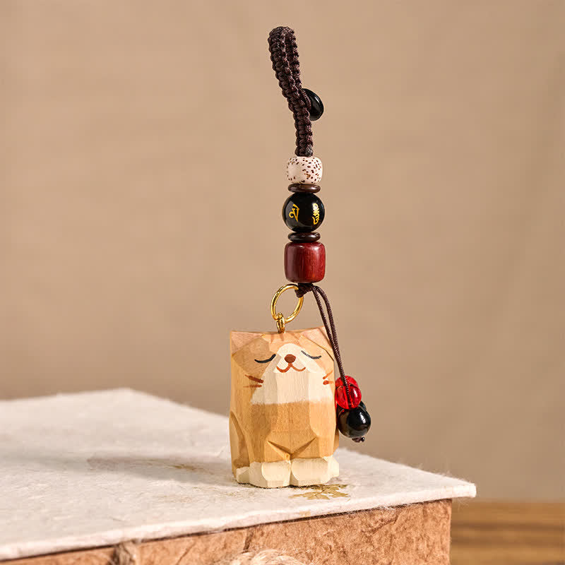 Buddha Stones 手彫りの木製猫オーム・マニ・パドメ・フム平和キーホルダー - image 2