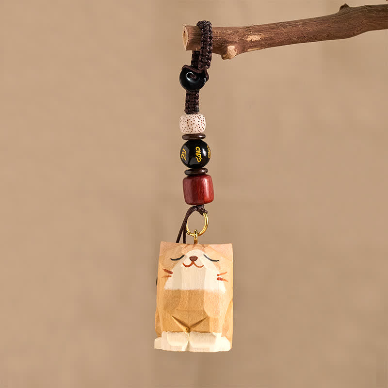 Buddha Stones 手彫りの木製猫オーム・マニ・パドメ・フム平和キーホルダー - image 3