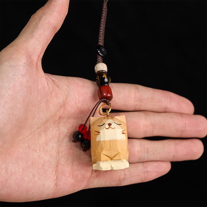 Buddha Stones 手彫りの木製猫オーム・マニ・パドメ・フム平和キーホルダー - image 7