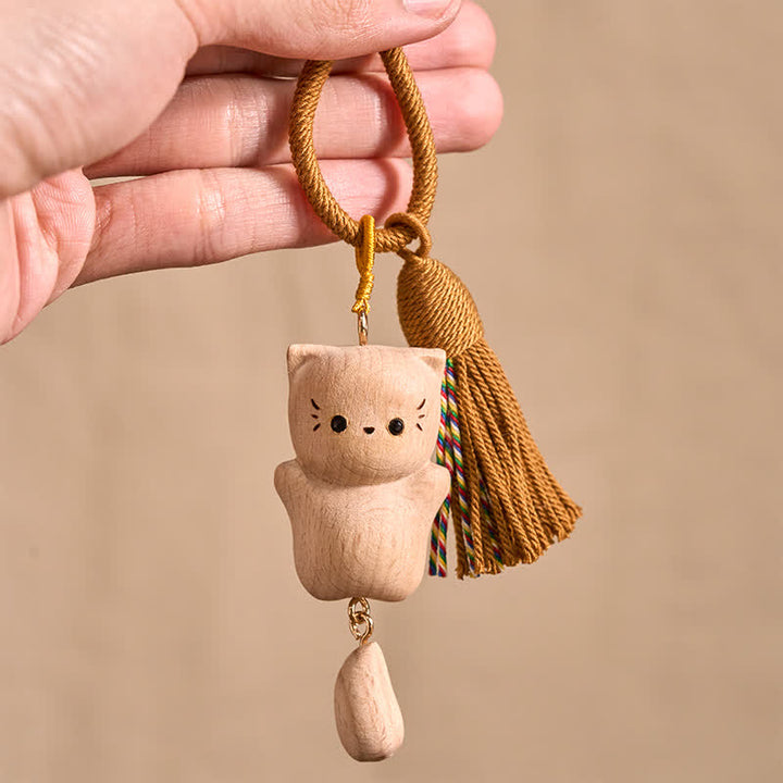 Buddha Stones ブナ材の招き猫ハンドメイドタッセルキーホルダー - image 0