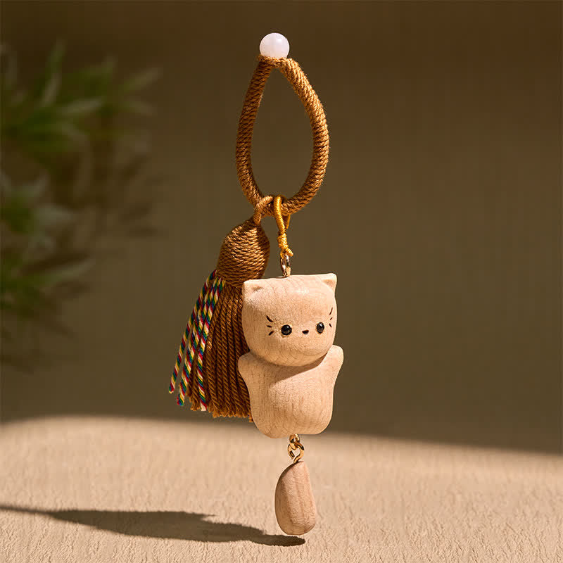 Buddha Stones ブナ材の招き猫ハンドメイドタッセルキーホルダー - image 2
