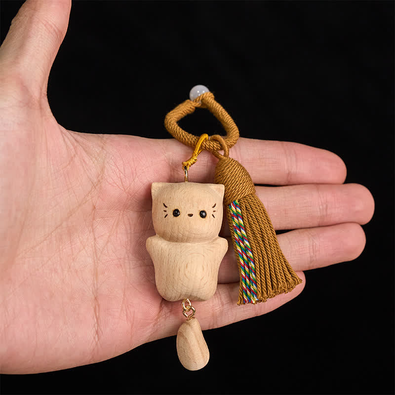 Buddha Stones ブナ材の招き猫ハンドメイドタッセルキーホルダー - image 4