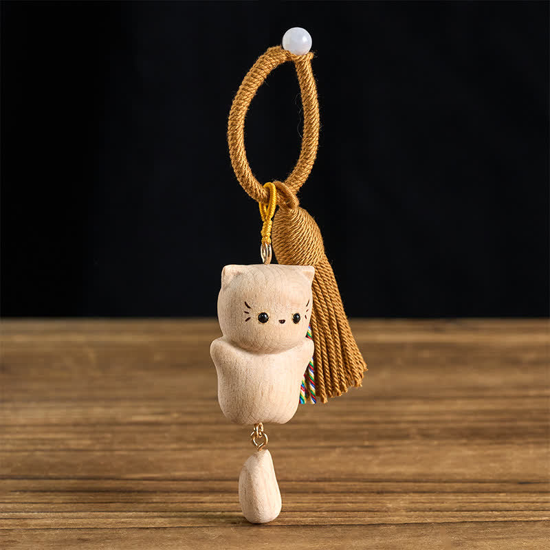 Buddha Stones ブナ材の招き猫ハンドメイドタッセルキーホルダー - image 1