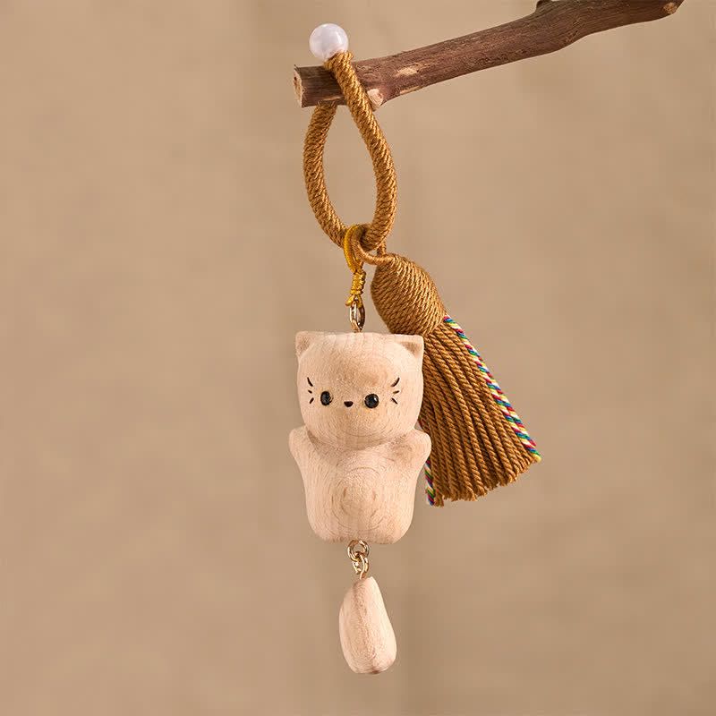 Buddha Stones ブナ材の招き猫ハンドメイドタッセルキーホルダー - image 3