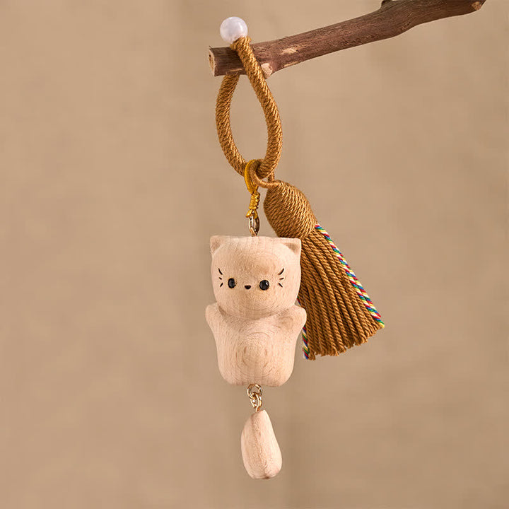Buddha Stones ブナ材の招き猫ハンドメイドタッセルキーホルダー - image 3