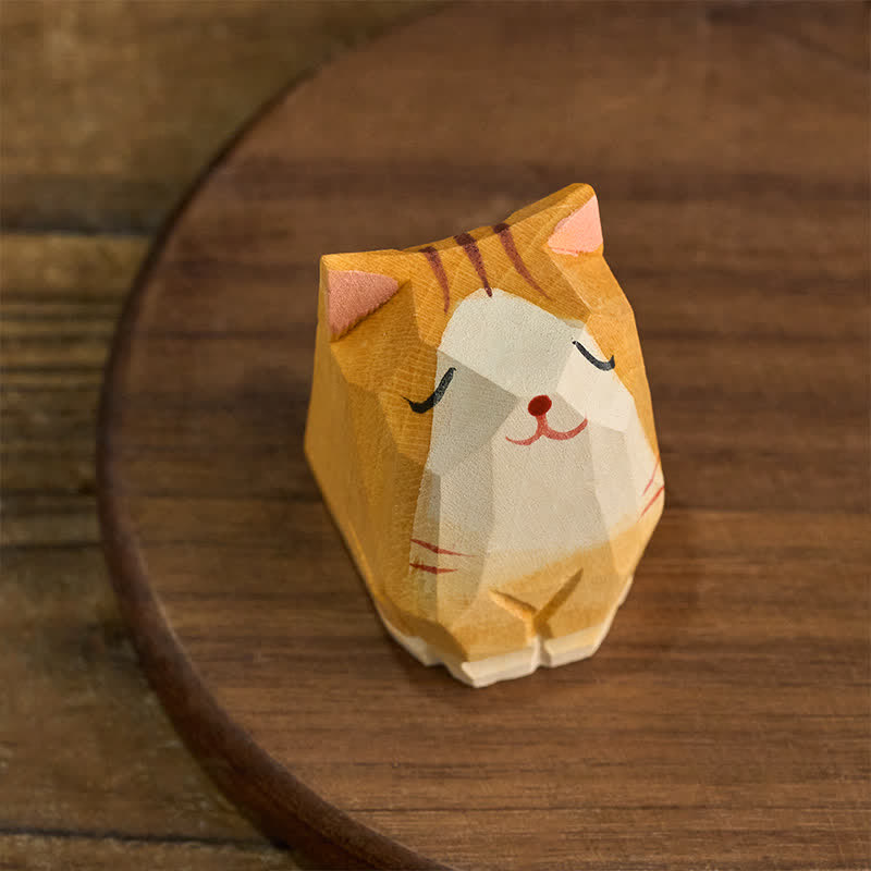 Buddha Stones 天然木風のオレンジ色の猫の手彫りのかわいい動物装飾 - image 2