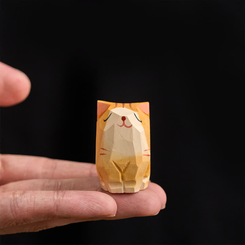 Buddha Stones 天然木風のオレンジ色の猫の手彫りのかわいい動物装飾 - image 3