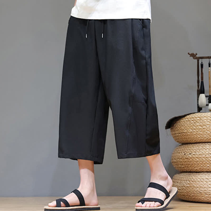 Buddha Stones 夏物カジュアルミニマリストドローストリング無地メンズクロップドパンツ（ポケット付き） - image 13