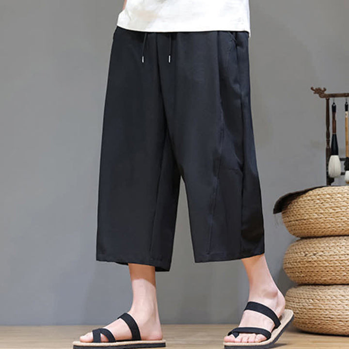 Buddha Stones 夏物カジュアルミニマリストドローストリング無地メンズクロップドパンツ（ポケット付き） - image 13