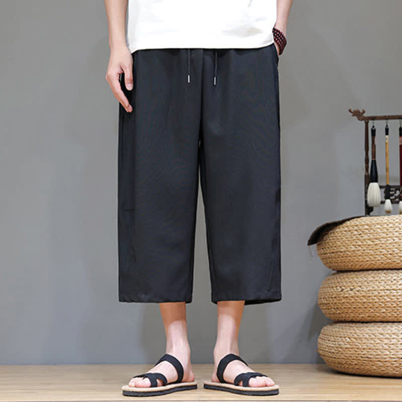 Buddha Stones 夏物カジュアルミニマリストドローストリング無地メンズクロップドパンツ（ポケット付き） - image 14