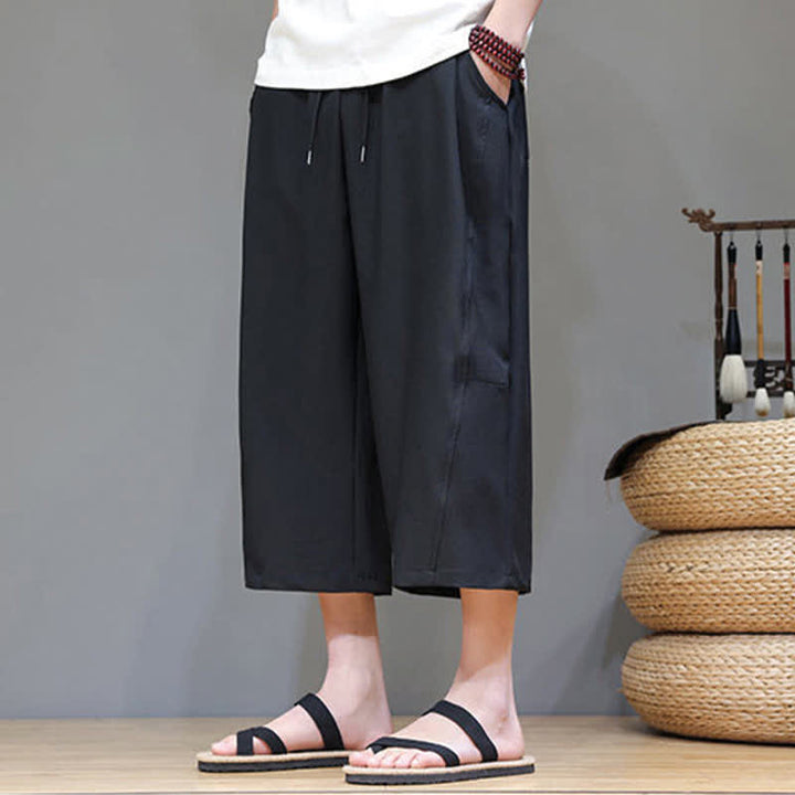 Buddha Stones 夏物カジュアルミニマリストドローストリング無地メンズクロップドパンツ（ポケット付き） - image 15