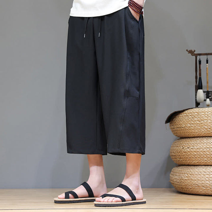 Buddha Stones 夏物カジュアルミニマリストドローストリング無地メンズクロップドパンツ（ポケット付き） - image 19