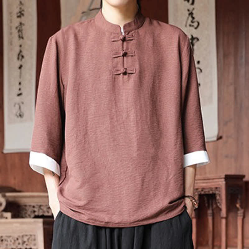 Buddha Stones 夏物 唐風 ヴィンテージ マンダリンカラー フロッグボタン 無地 メンズ 肘丈袖シャツ - image 3