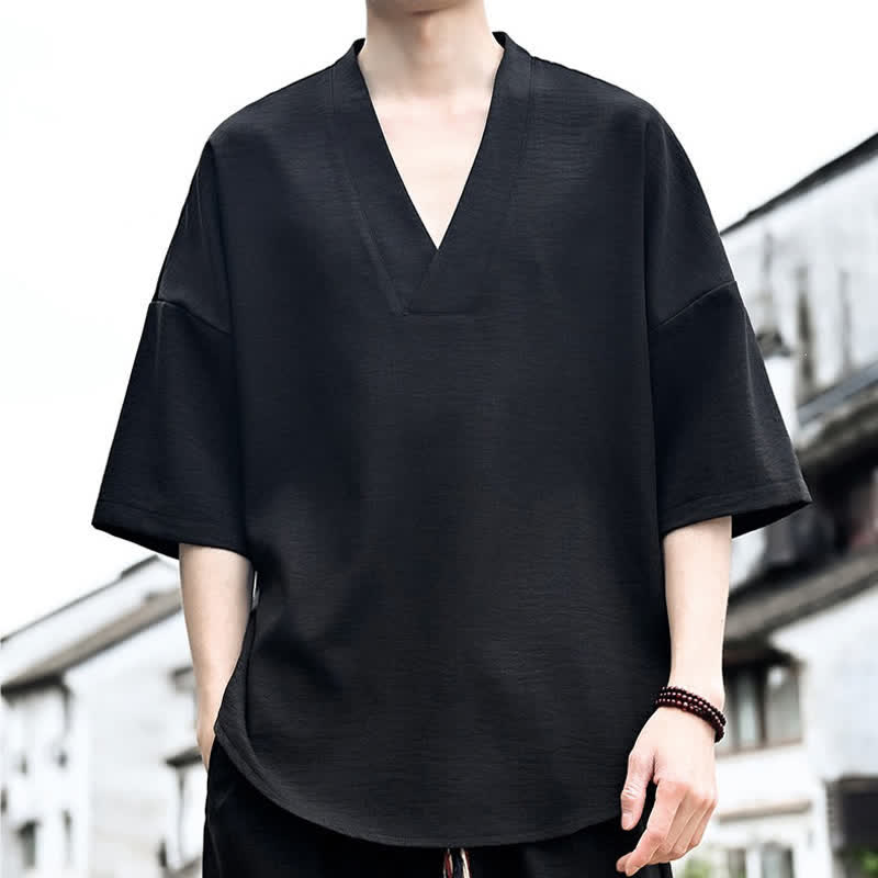 Buddha Stones 夏物ミニマリストカジュアルサイドスリット無地メンズ半袖Tシャツ - 黒 - US/UK/AU46, EU56 （5XL） - image 7