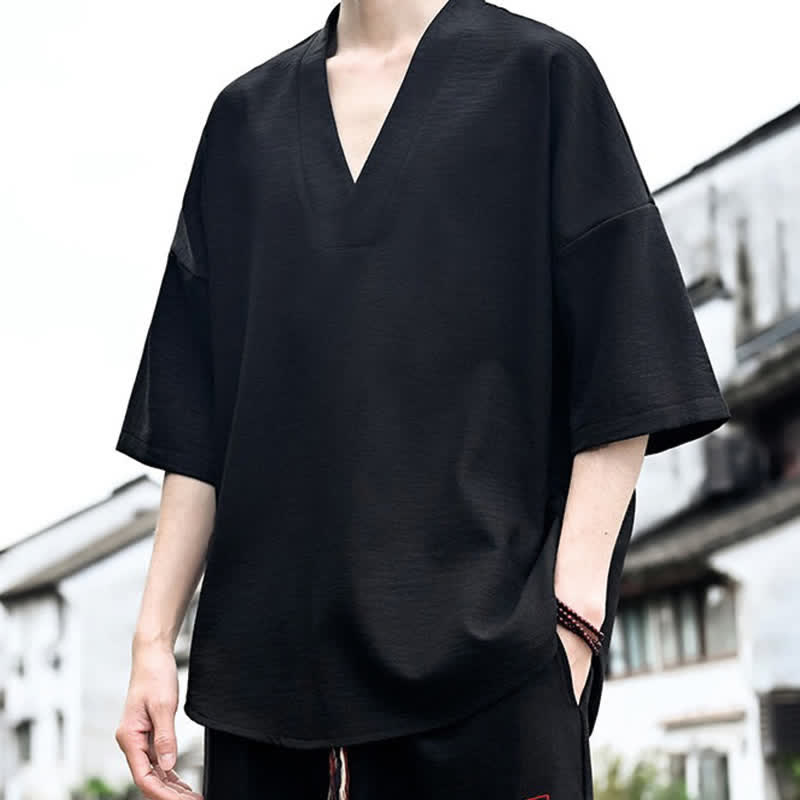 Buddha Stones 夏物ミニマリストカジュアルサイドスリット無地メンズ半袖Tシャツ - image 9