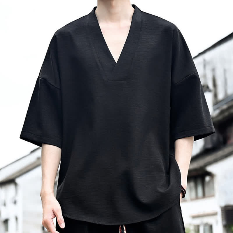 Buddha Stones 夏物ミニマリストカジュアルサイドスリット無地メンズ半袖Tシャツ - image 12