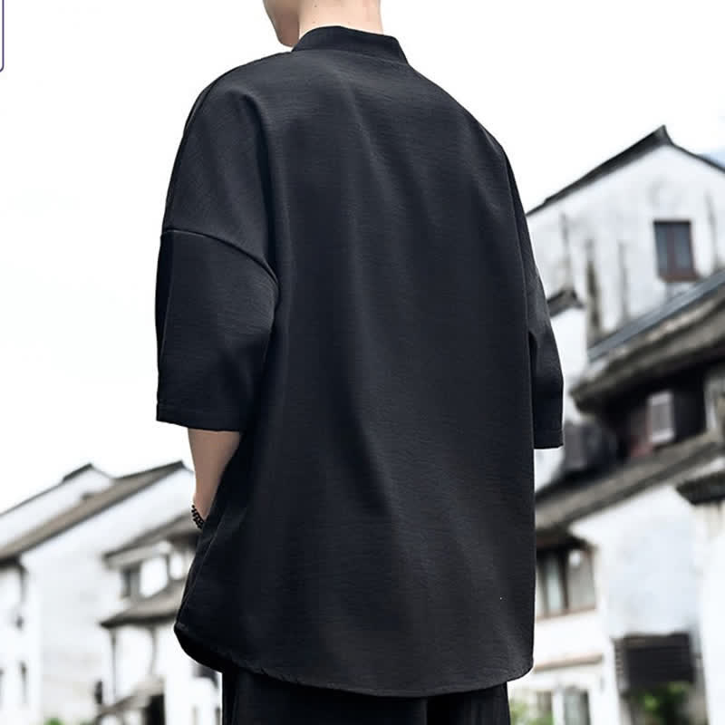 Buddha Stones 夏物ミニマリストカジュアルサイドスリット無地メンズ半袖Tシャツ - image 10