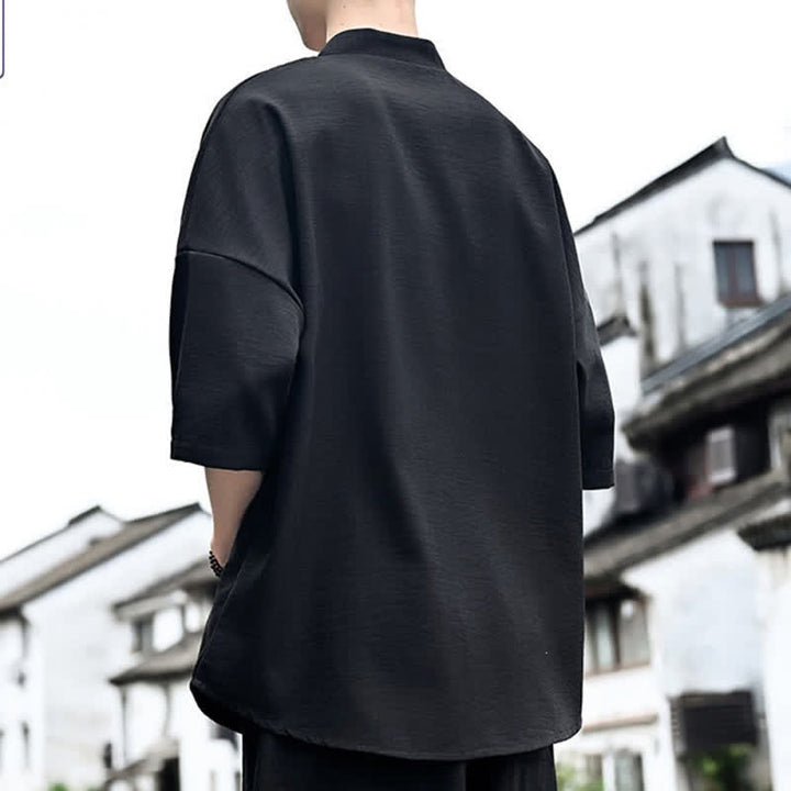Buddha Stones 夏物ミニマリストカジュアルサイドスリット無地メンズ半袖Tシャツ - image 10