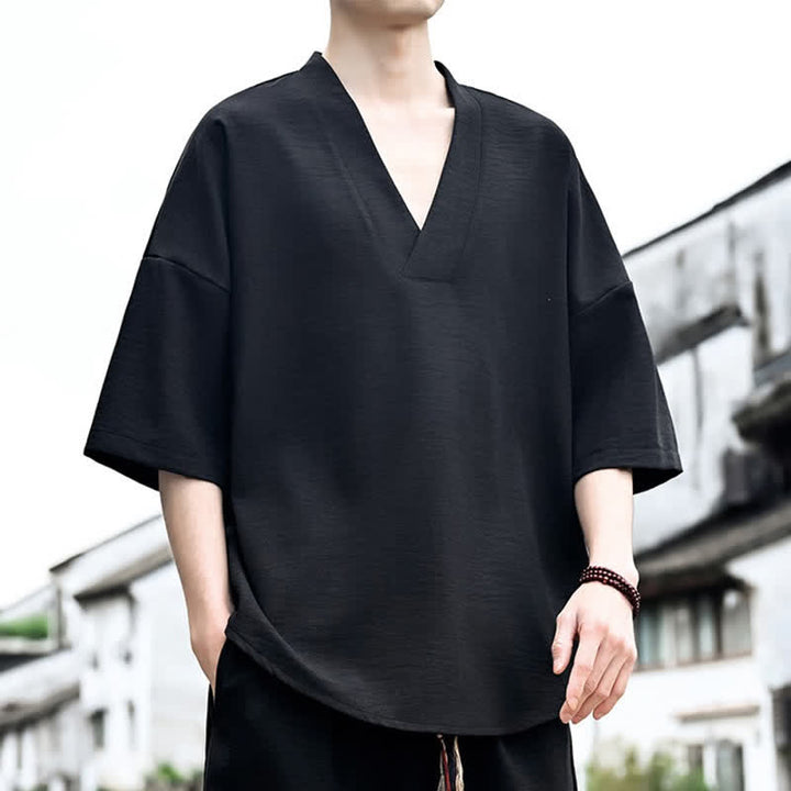 Buddha Stones 夏物ミニマリストカジュアルサイドスリット無地メンズ半袖Tシャツ - image 8