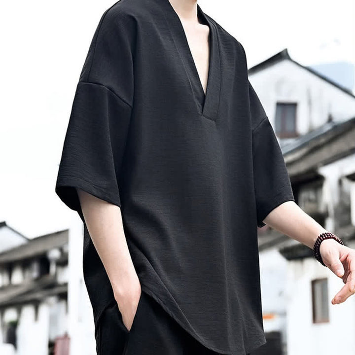 Buddha Stones 夏物ミニマリストカジュアルサイドスリット無地メンズ半袖Tシャツ - image 14