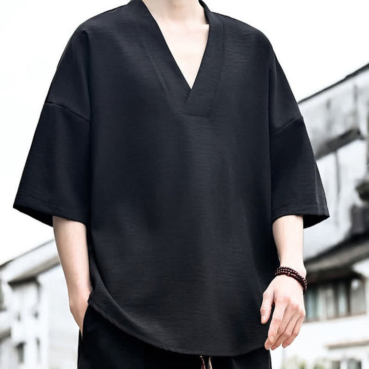 Buddha Stones 夏物ミニマリストカジュアルサイドスリット無地メンズ半袖Tシャツ - image 13