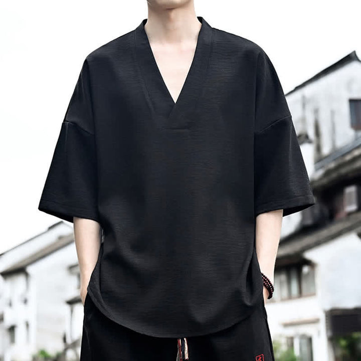 Buddha Stones 夏物ミニマリストカジュアルサイドスリット無地メンズ半袖Tシャツ - image 11