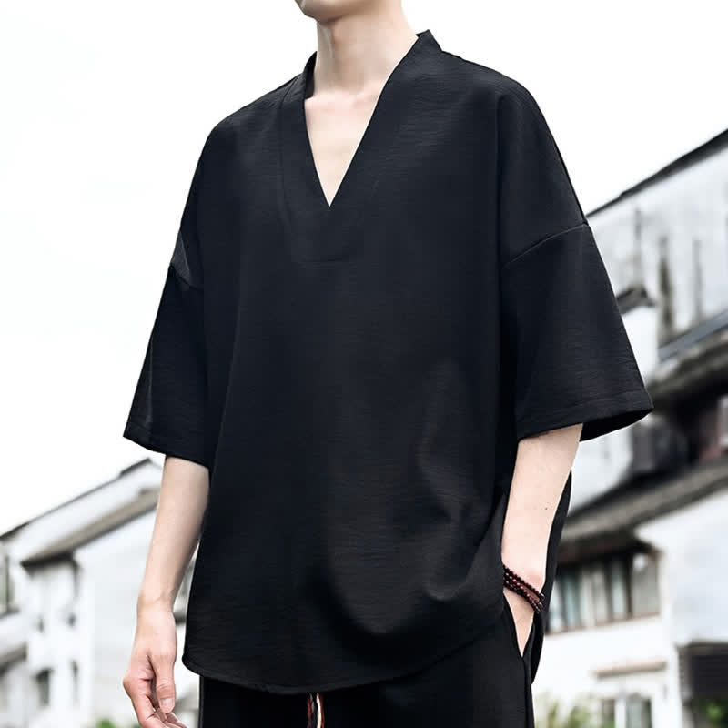 Buddha Stones 夏物ミニマリストカジュアルサイドスリット無地メンズ半袖Tシャツ - image 15