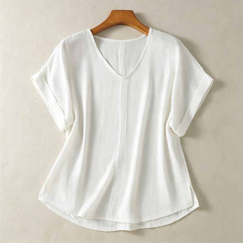 Buddha Stones 夏物カジュアルミニマリスト無地Vネックレディース半袖Tシャツ - 白 - US8-10, UK/AU12-14, EU40-42 （2XL） - image 11