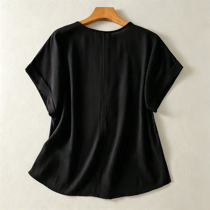 Buddha Stones 夏物カジュアルミニマリスト無地Vネックレディース半袖Tシャツ - 黒 - US8-10, UK/AU12-14, EU40-42 （2XL） - image 7
