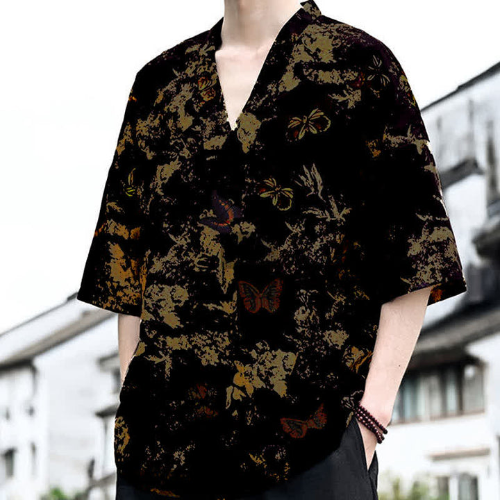 Buddha Stones 夏物カジュアル 唐草風 花柄 Vネック メンズ 半袖Tシャツ - image 6
