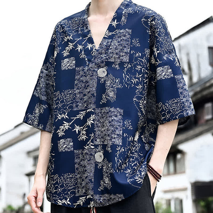 Buddha Stones 夏物カジュアル 唐草風 花柄 Vネック メンズ 半袖Tシャツ - image 3