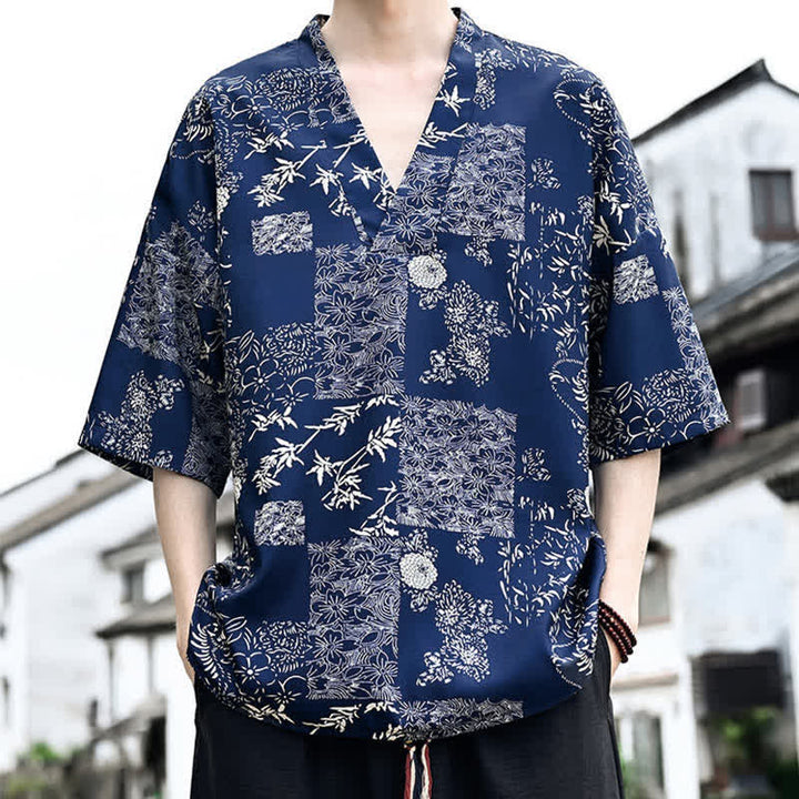Buddha Stones 夏物カジュアル 唐草風 花柄 Vネック メンズ 半袖Tシャツ - image 1