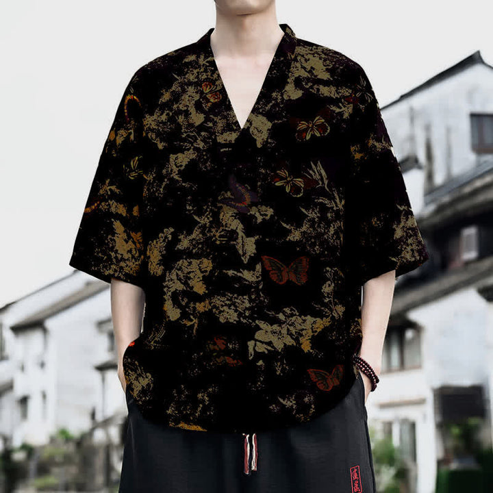 Buddha Stones 夏物カジュアル 唐草風 花柄 Vネック メンズ 半袖Tシャツ - 黒 - US/UK/AU46, EU56 （5XL） - image 4