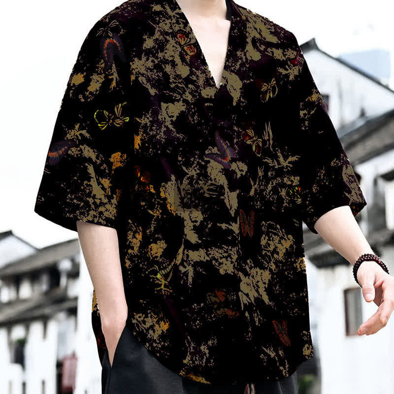 Buddha Stones 夏物カジュアル 唐草風 花柄 Vネック メンズ 半袖Tシャツ - image 9